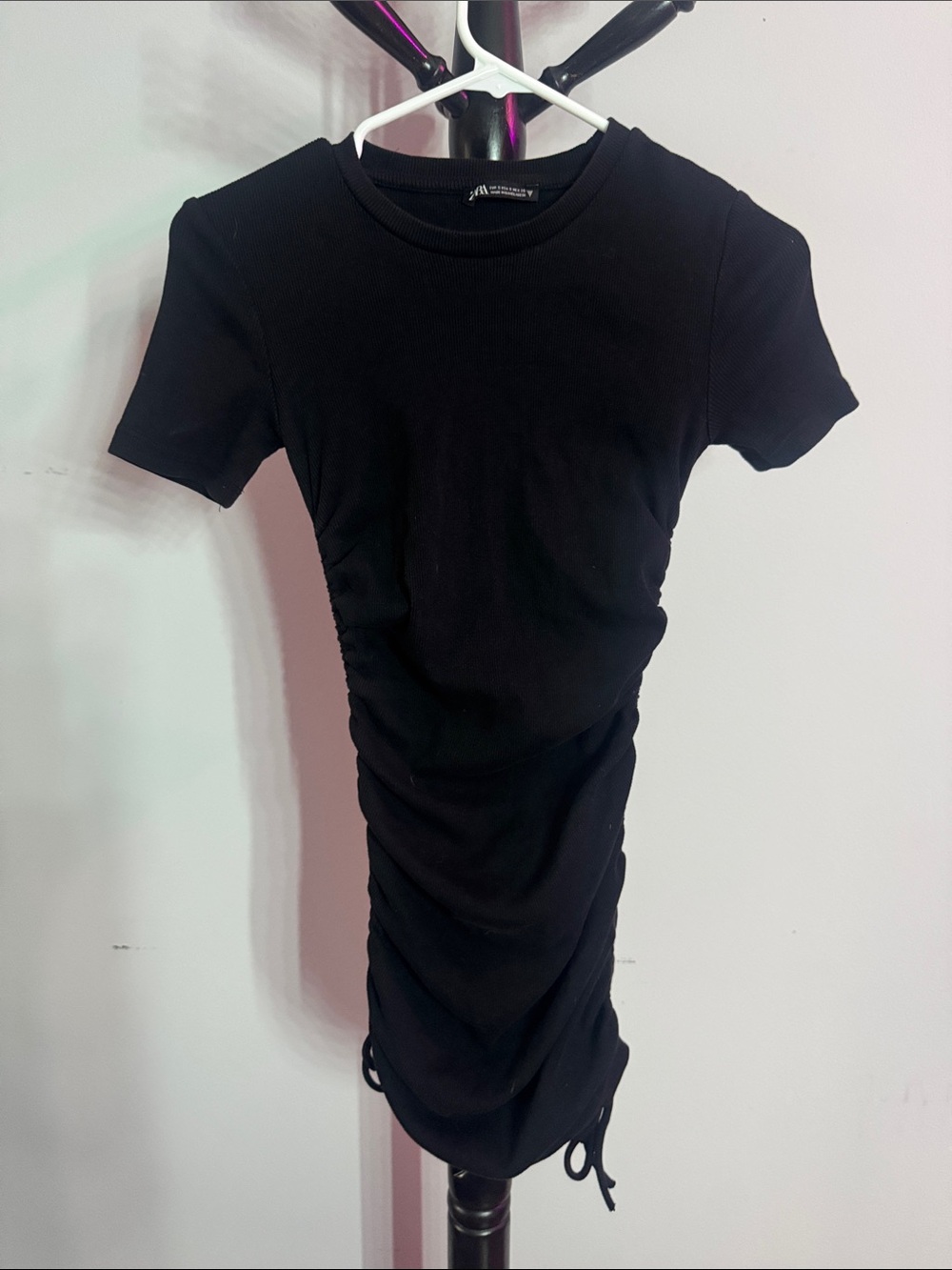 Zara Black Short-Sleeve Ruched Mini Dress